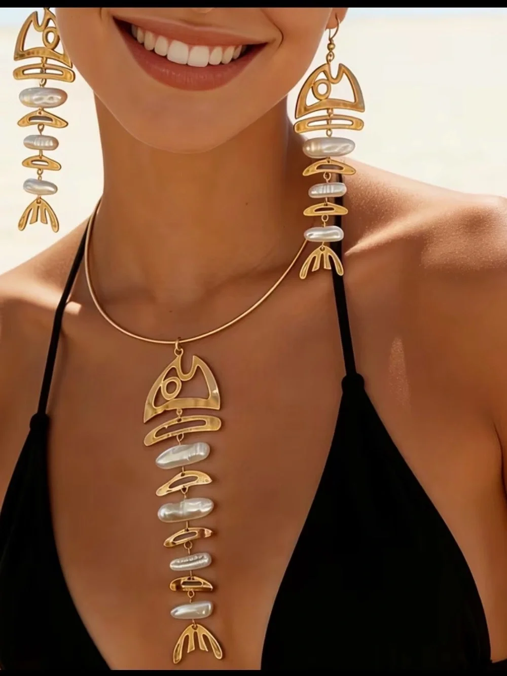 Gold & Pearl Statement Fishbone Necklace Set